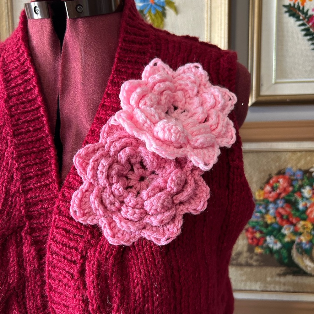 Homemade burgundy wool vest with floral accent